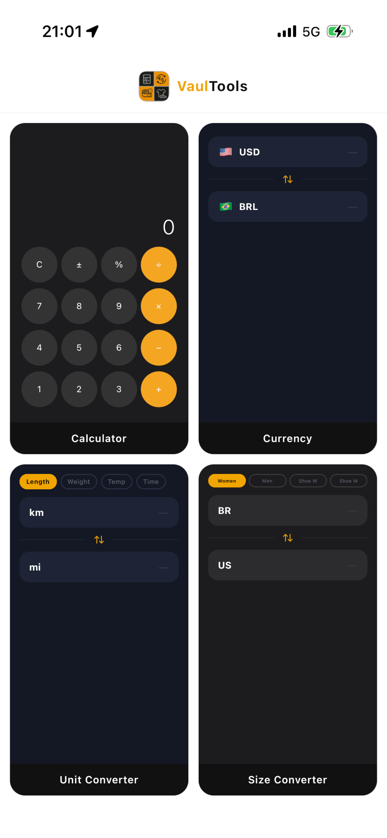 Vaultools toolkit grid: Calculator, Currency, Unit Converter, Size Converter